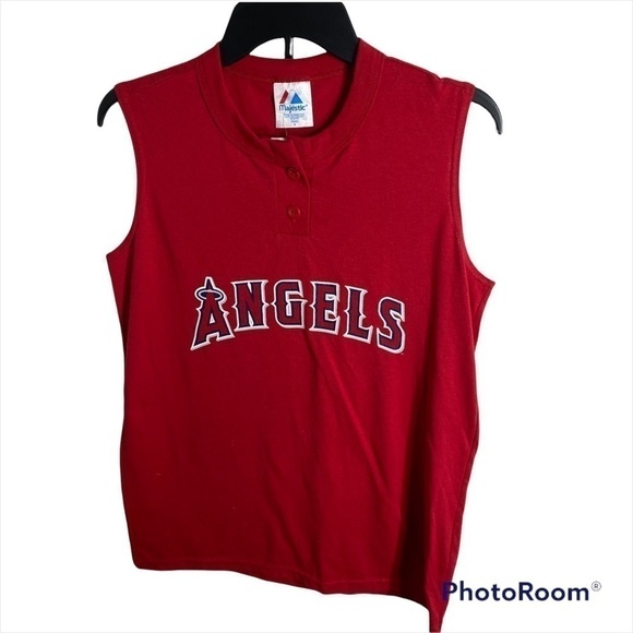 Lost Angeles Angels Sleeveless Top NWT Small Red Majestic MLB Button Down - Picture 1 of 7